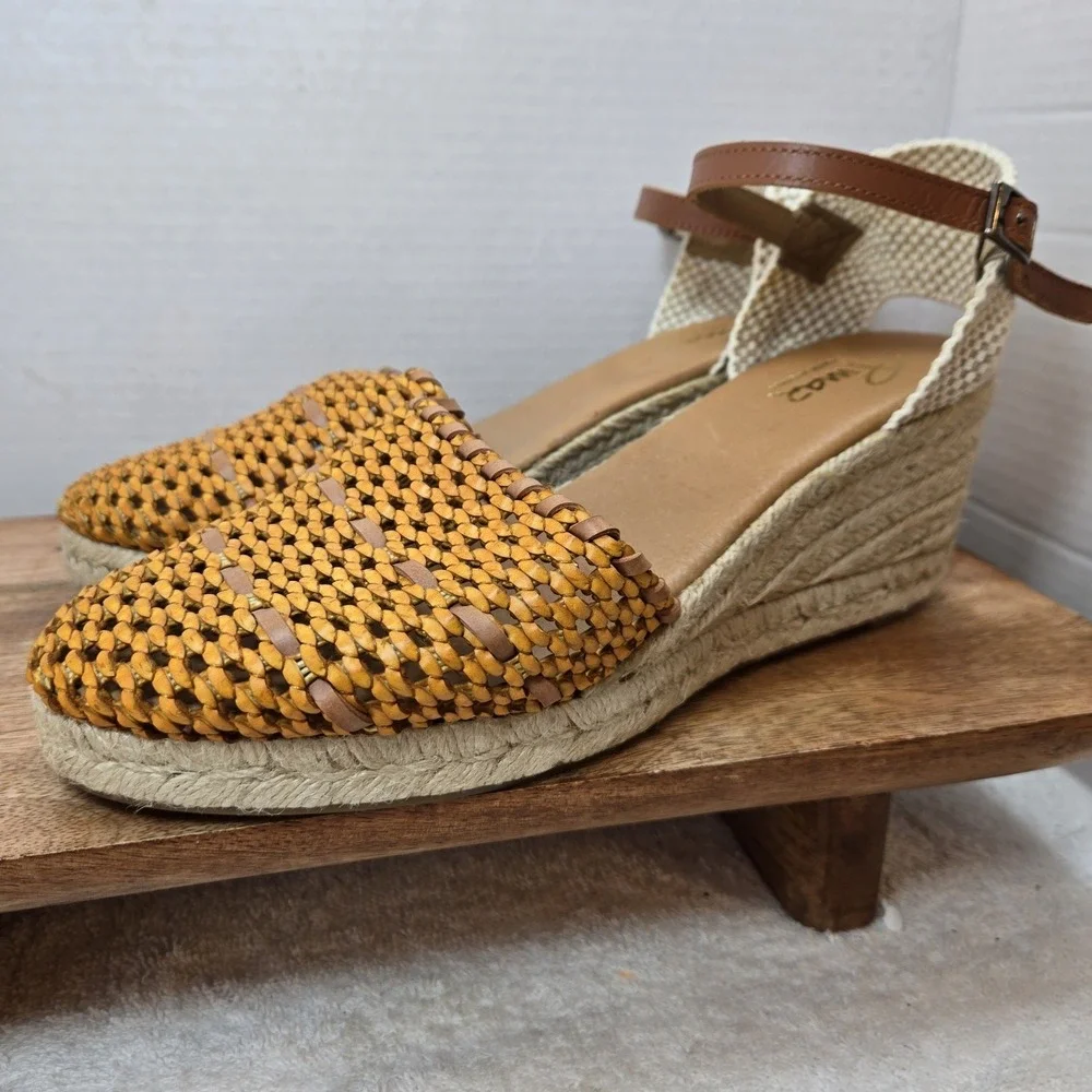 Pinaz Espadrille Wedges Women‎ EU 40 US 9 Tan Woven Leather Jute Ankle Strap...